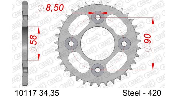 DC AFAM Stahl-Kettenrad 420 - 35Z (Silber) 10117-35| ID 58 LK 90 4-Loch