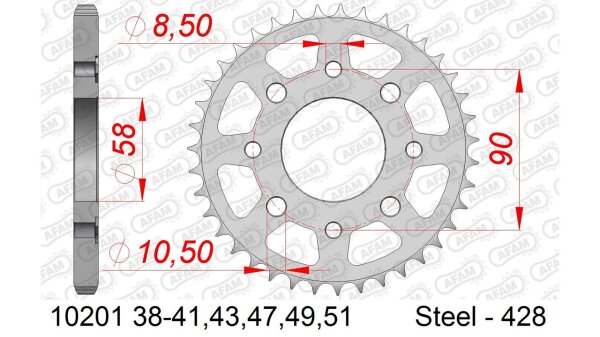 DC AFAM Stahl-Kettenrad 428 - 41Z (Silber) 10201-41| ID 58 LK 90 4-Loch