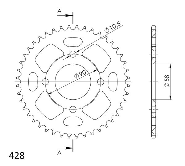 Supersprox Alu-Kettenrad 428 - 42Z (rot) RAL-1221:44-RED|ID 58,0 LK 90,0 4-Loch