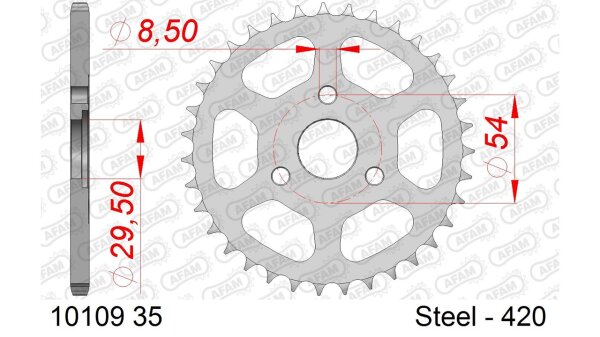 DC AFAM Stahl-Kettenrad 420 - 35Z (Silber) 10109-35| ID 29,5 LK 54 3-Loch