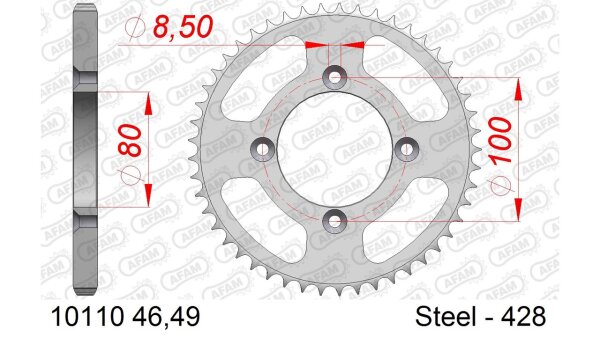 DC AFAM Stahl-Kettenrad 428 - 49Z (Silber) 10110-49| ID 80 LK 100 4-Loch