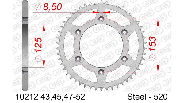 DC AFAM Stahl-Kettenrad 520 - 43Z (Silber) 10212-43| ID 125 LK 153 6-Loch