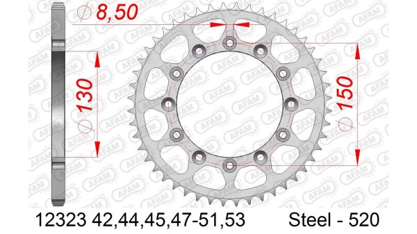 DC AFAM Stahl-Kettenrad 520 - 44Z (Silber) 12323-44| ID 130 LK 150 6-Loch