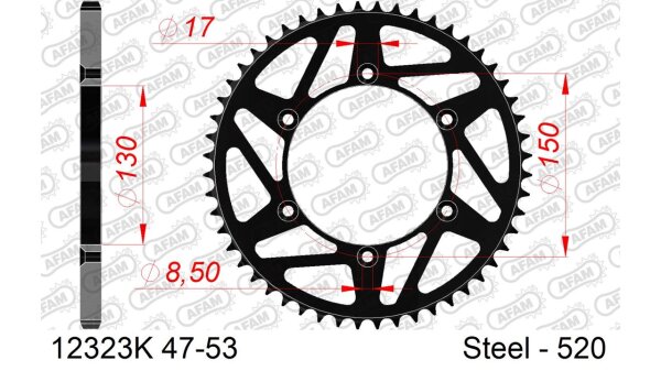 DC AFAM MX Stahl-Kettenrad 520 - 48Z (Schwarz) 12323K-48| ID 130 LK 150 6-Loch