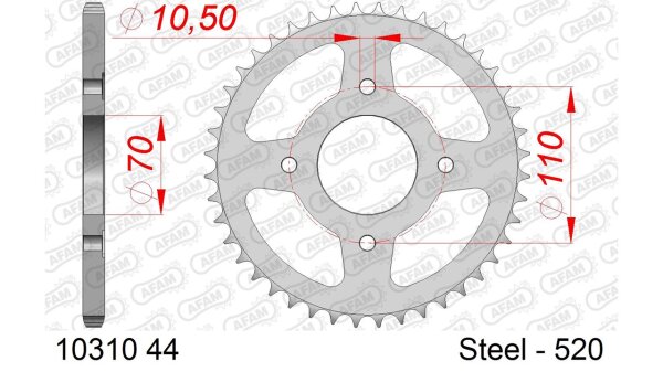 DC AFAM Stahl-Kettenrad 520 - 44Z (Silber) 10310-44| ID 70 LK 110 4-Loch