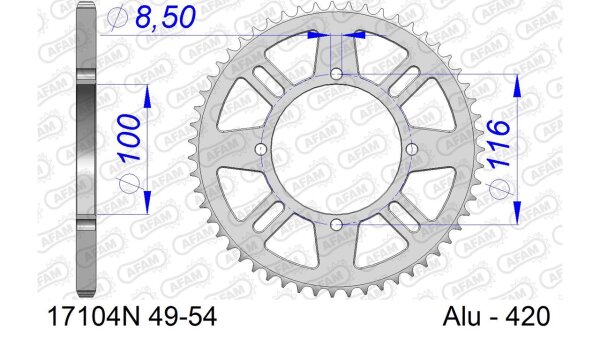 DC AFAM Alu-Kettenrad 420 - 50Z (Silber) 17104N-50 | ID 100 LK 116 4-Loch