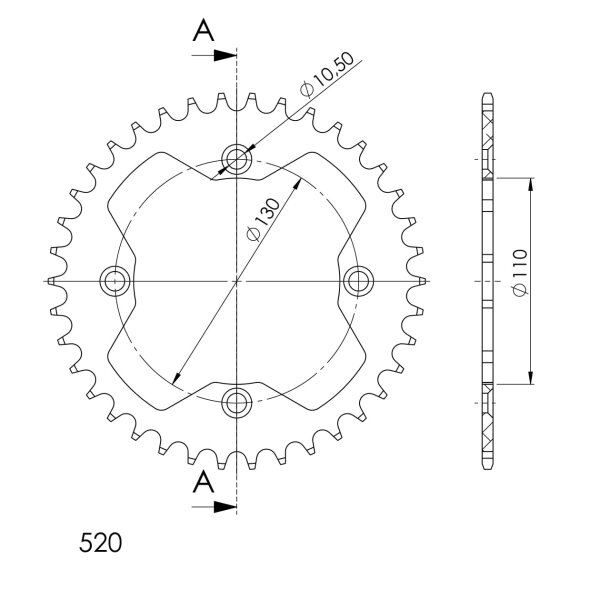 Supersprox Alu-Kettenrad 520 - 38Z (rot) RAL-1350:38-RED|ID 110,0 LK 130,0 4-Loch