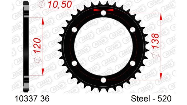 DC AFAM Stahl-Kettenrad 520 - 36Z (Schwarz) 10337-36| ID 120 LK 138 6-Loch