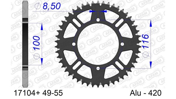 DC AFAM Alu-Kettenrad 420 - 50Z (Gun Metal) 17104+50 | ID 100 LK 116 4-Loch mit Schlammnut