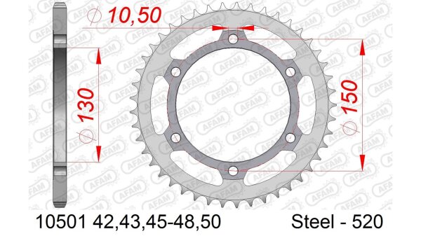 DC AFAM Stahl-Kettenrad 520 - 42Z (Silber) 10501-42| ID 130 LK 150 6-Loch