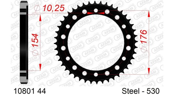 DC AFAM Stahl-Kettenrad 530 - 44Z (Schwarz) 10801-44| ID 154 LK 176 6-Loch