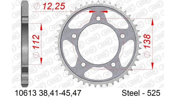 DC AFAM Stahl-Kettenrad 525 - 44Z (Silber) 10613-44| ID 112 LK 138 5-Loch