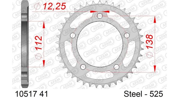 DC AFAM Stahl-Kettenrad 525 - 41Z (Silber) 10517-41| ID 112 LK 138 5-Loch