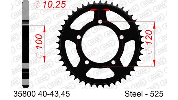 DC AFAM Stahl-Kettenrad 525 - 42Z (Schwarz) 35800-42| ID 100 LK 120 5-Loch