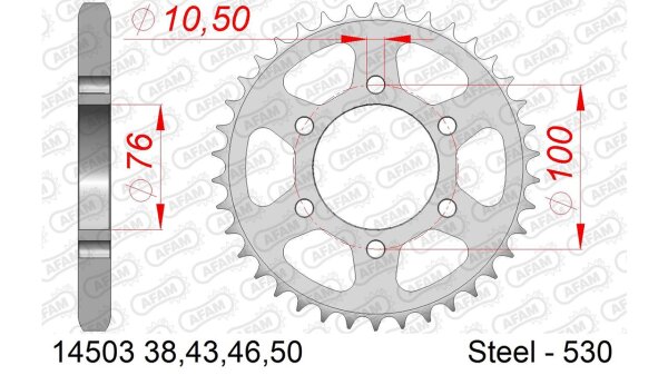 DC AFAM Stahl-Kettenrad 530 - 43Z (Silber) 14503-43| ID 76 LK 100 6-Loch