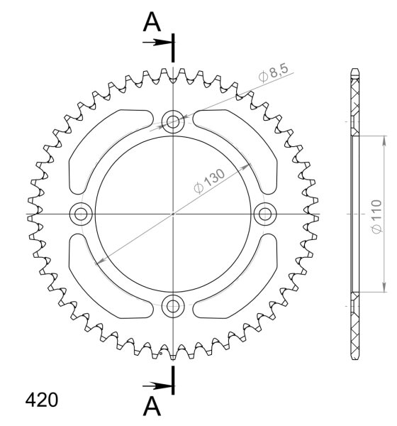 Supersprox Alu-Kettenrad 420 - 49Z (silber) RAL-209:49-SLV|ID 110,0 LK 130,0 4-Loch