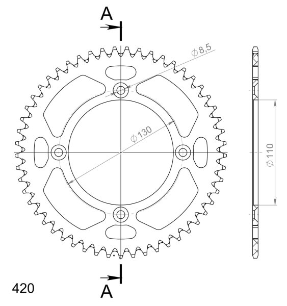 Supersprox Alu-Kettenrad 420 - 53Z (gold) RAL-209:53-GLD|ID 110,0 LK 130,0 4-Loch