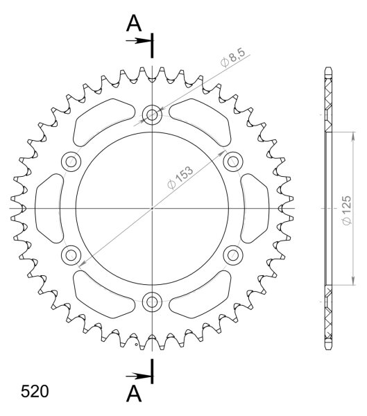 Supersprox Alu-Kettenrad 520 - 44Z (rot) RAL-210:44-RED|ID 125,0 LK 153,0 6-Loch/6-Loch