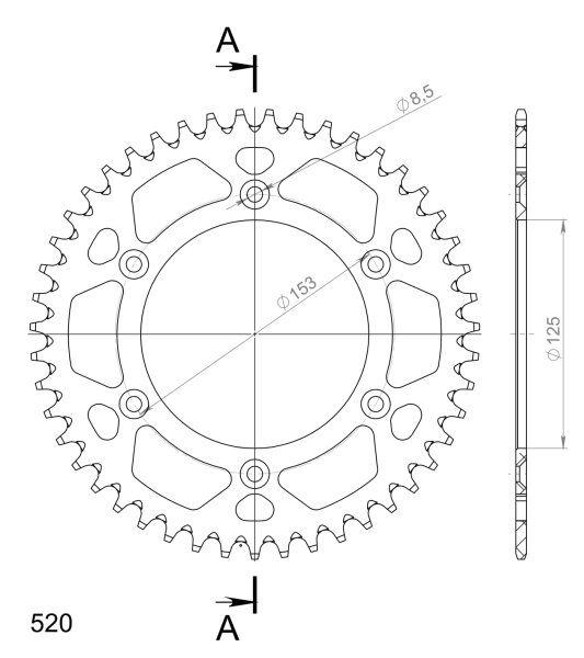 Supersprox Alu-Kettenrad 520 - 47Z (rot) RAL-210:47-RED|ID 125,0 LK 153,0 6-Loch/6-Loch