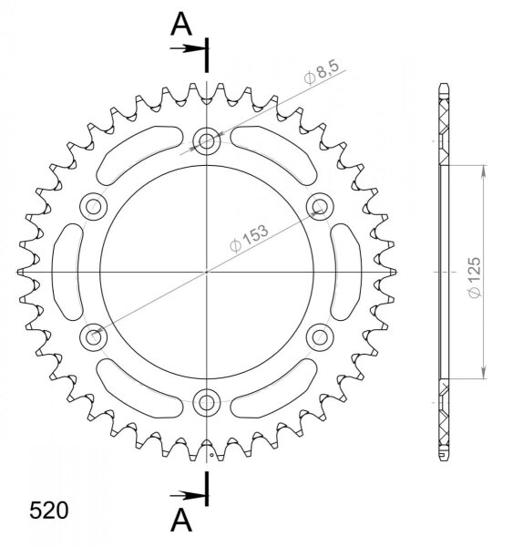 Supersprox Alu-Kettenrad 520 - 41Z (silber) RAL-210:41-SLV|ID 125,0 LK 153,0 6-Loch/6-Loch