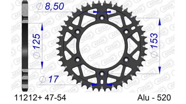 DC AFAM Alu-Kettenrad 520 - 49Z (Gun Metal) 11212+49 | ID 125 LK 153 6-Loch mit Schlammnut