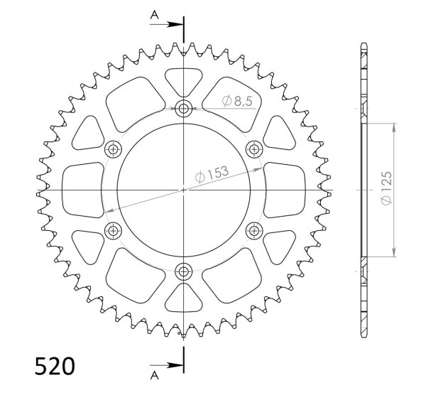 Supersprox Alu-Kettenrad 520 - 49Z (silber) RAL-210:49-SLV|ID 125,0 LK 153,0 6-Loch/6-Loch