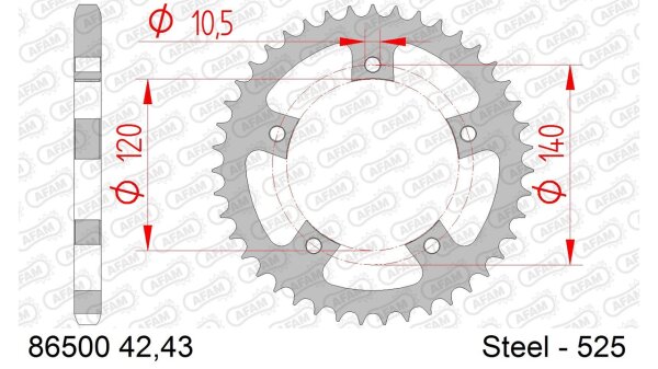 DC AFAM Stahl-Kettenrad 525 - 42Z (Silber) 86500-42| ID 120 LK 140 5-Loch