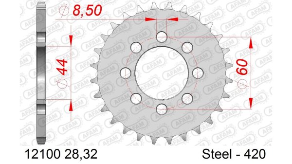 DC AFAM Stahl-Kettenrad 420 - 28Z (Silber) 12100-28| ID 44 LK 60 8-Loch