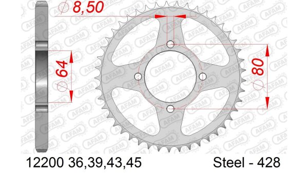 DC AFAM Stahl-Kettenrad 428 - 36Z (Silber) 12200-36| ID 64 LK 80 4-Loch