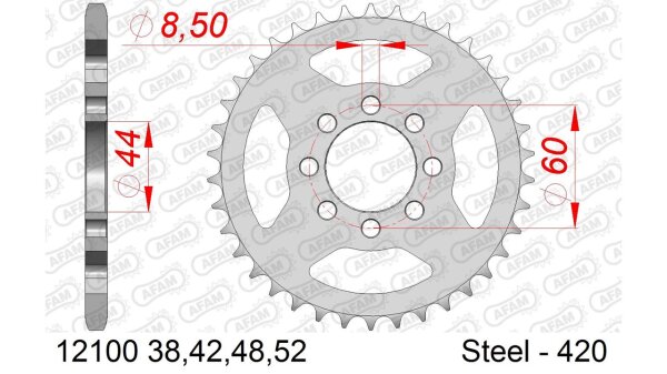 DC AFAM Stahl-Kettenrad 420 - 42Z (Silber) 12100-42| ID 44 LK 60 4-Loch