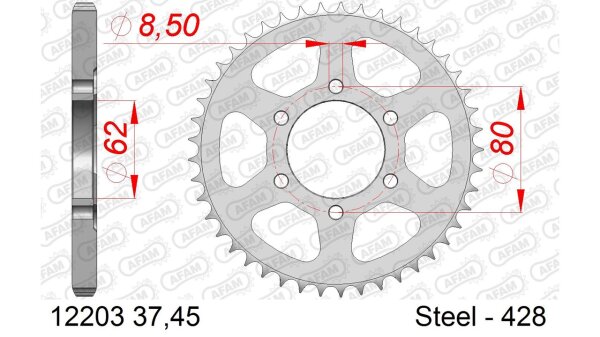 DC AFAM Stahl-Kettenrad 428 - 45Z (Silber) 12203-45| ID 62 LK 80 6-Loch