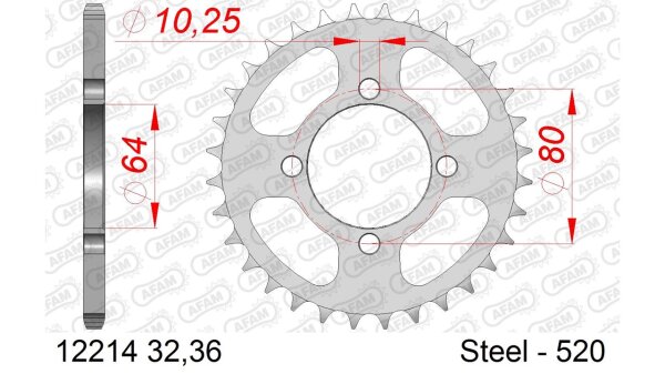 DC AFAM Stahl-Kettenrad 520 - 32Z (Silber) 12214-32| ID 64 LK 80 4-Loch