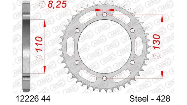 DC AFAM Stahl-Kettenrad 428 - 44Z (Silber) 12226-44 | ID 110 LK 130 6-Loch