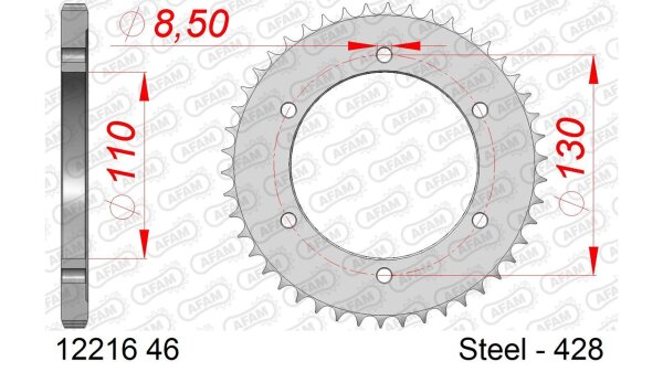 DC AFAM Stahl-Kettenrad 428 - 46Z (Silber) 12216-46| ID 110 LK 130 6-Loch