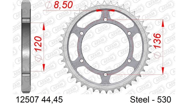 DC AFAM Stahl-Kettenrad 530 - 44Z (Silber) 12507-44| ID 120 LK 136 6-Loch