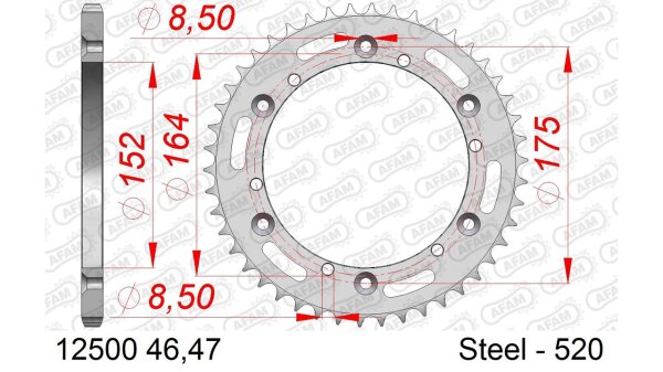 DC AFAM Stahl-Kettenrad 520 - 47Z (Silber) 12500-47| ID 152 LK 164 6-Loch