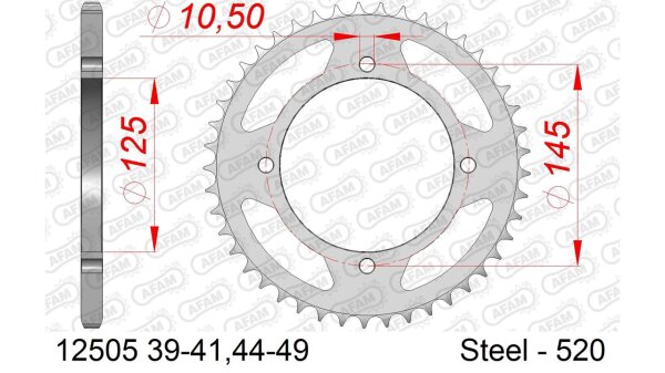 DC AFAM Stahl-Kettenrad 520 - 45Z (Silber) 12505-45| ID 125 LK 145 4-Loch