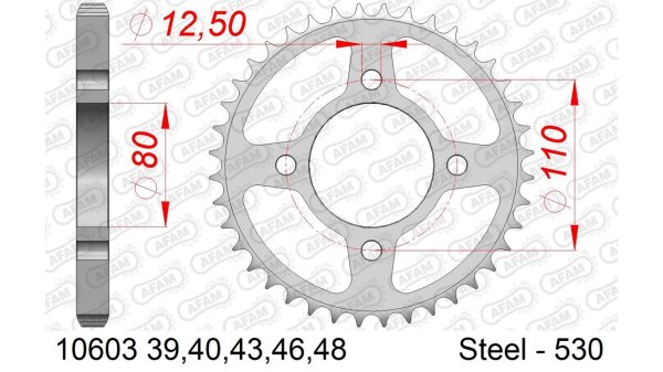 DC AFAM Stahl-Kettenrad 530 - 43Z (Silber) 10603-43| ID 80 LK 110 4-Loch