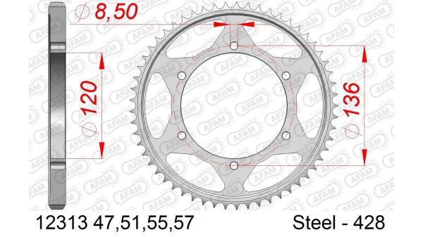 DC AFAM Stahl-Kettenrad 428 - 47Z (Silber) 12313-47| ID 120 LK 136 6-Loch