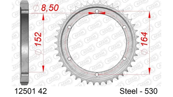 DC AFAM Stahl-Kettenrad 530 - 42Z (Silber) 12501-42| ID 152 LK 164 6-Loch