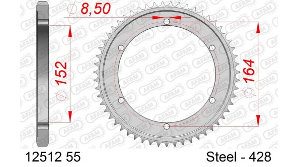 DC AFAM Stahl-Kettenrad 428 - 55Z (Silber) 12512-55| ID 152 LK 164 6-Loch