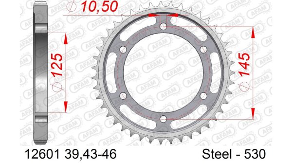 DC AFAM Stahl-Kettenrad 530 - 39Z (Silber) 12601-39| ID 125 LK 145 6-Loch