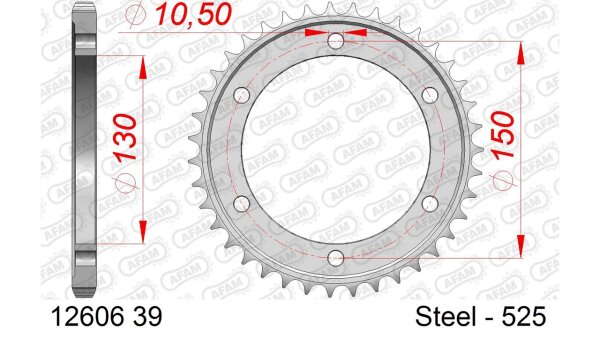 DC AFAM Stahl-Kettenrad 525 - 39Z (Silber) 12606-39| ID 130 LK 150 6-Loch