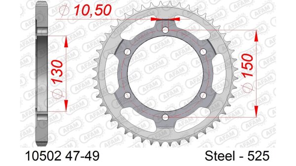 DC AFAM Stahl-Kettenrad 525 - 49Z (Silber) 10502-49| ID 130 LK 150 6-Loch