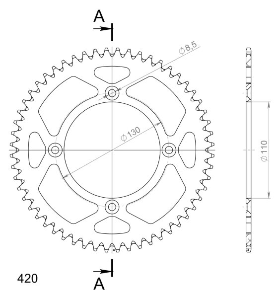 Supersprox Alu-Kettenrad 420 - 56Z (gold) RAL-209:56-GLD|ID 110,0 LK 130,0 4-Loch