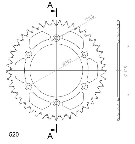 Supersprox Alu-Kettenrad 520 - 45Z (gold) RAL-210:45-GLD|ID 125,0 LK 153,0 6-Loch/6-Loch