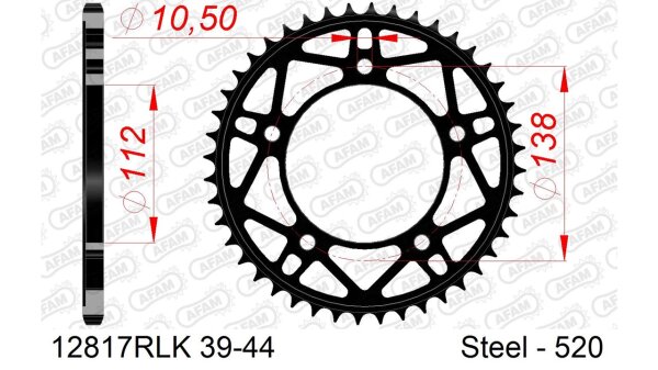 DC AFAM Racing Stahl-Kettenrad 520 - 44Z (Schwarz) 12817RLK-44| ID 112 LK 138 5-Loch