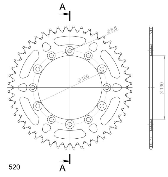 Supersprox Alu-Kettenrad 520 - 48Z (gold) RAL-245/2:48-GLD|ID 130,0 LK 150,0 6-Loch/6-Loch