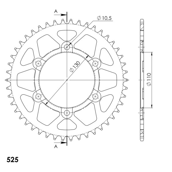 Supersprox Alu-Kettenrad 525 - 46Z (blau) RAL-480:46-BLU|ID 110,0 LK 130,0 6-Loch