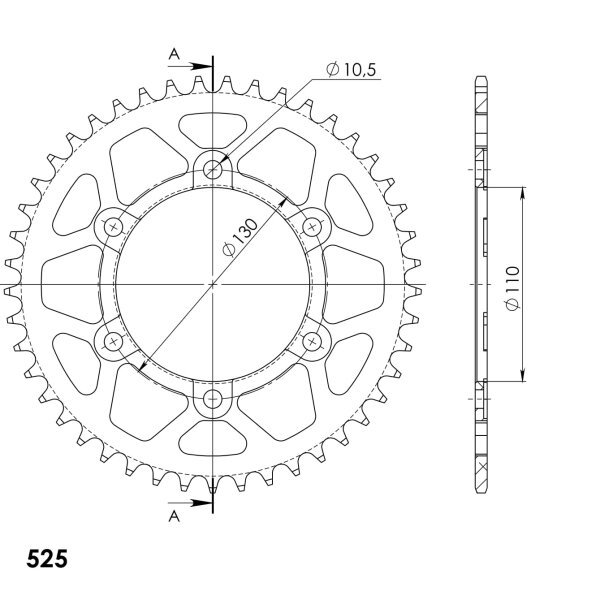 Supersprox Alu-Kettenrad 525 - 45Z (rot) RAL-480:45-RED|ID 110,0 LK 130,0 6-Loch